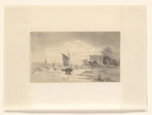 Landschap met rivier en zeilschip by Johannes van Reijn, drawing, 1800-1900