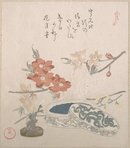 Peach Blossoms, a Seal and a Seal-box by Kubo Shunman (窪俊満), print, 1800-1899