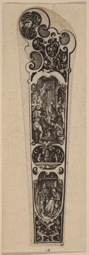 Handle for Knife or Fork, Ornamented with Figures by Hans Janssen, print, 1605-1685
