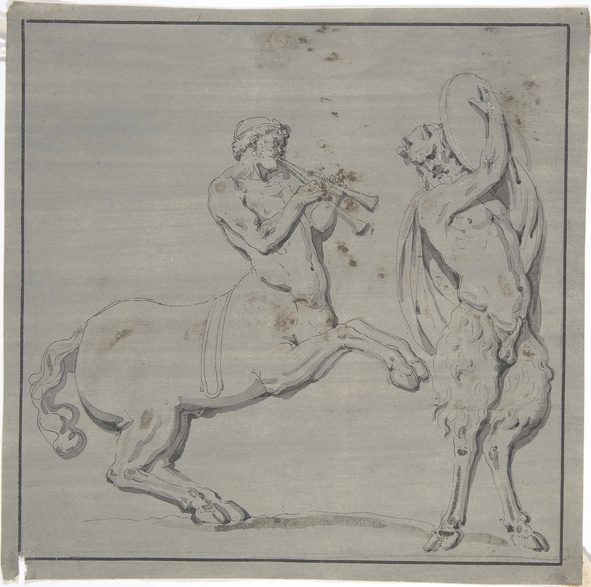 Bacchic Scene of Centaur Playing Horns and Satyr with Drum by anonymous, drawing, 1700-1799