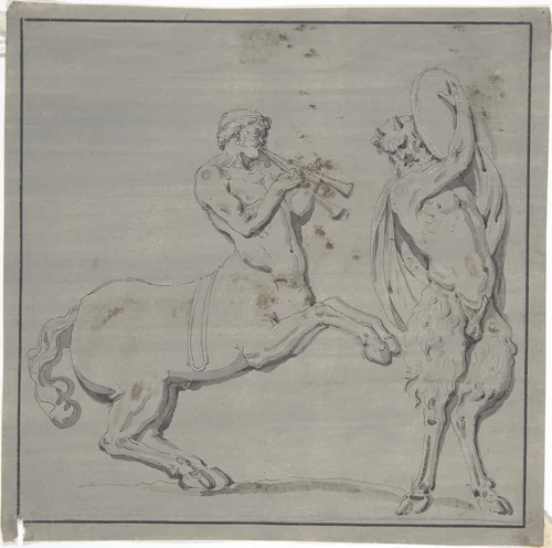 Bacchic Scene of Centaur Playing Horns and Satyr with Drum by anonymous, drawing, 1700-1799