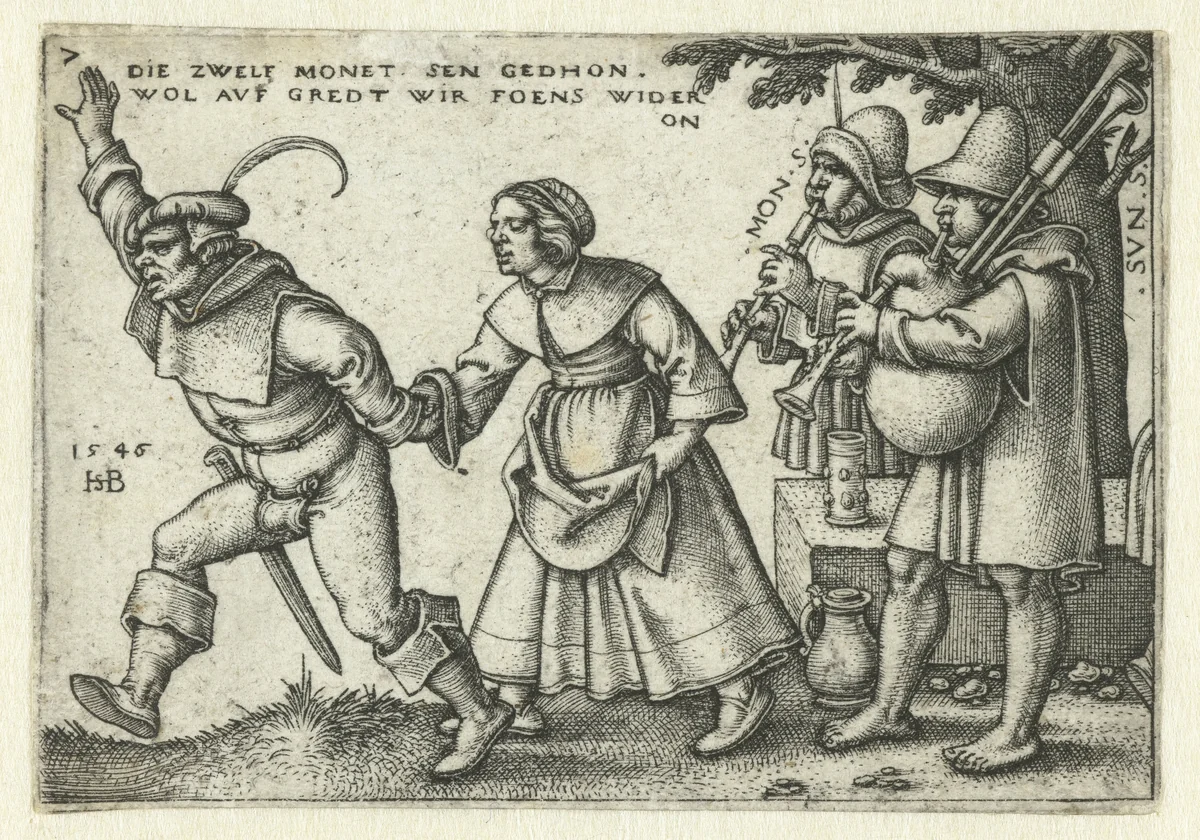 Muzikanten en dansend boerenpaar by Unknown, print, 1546