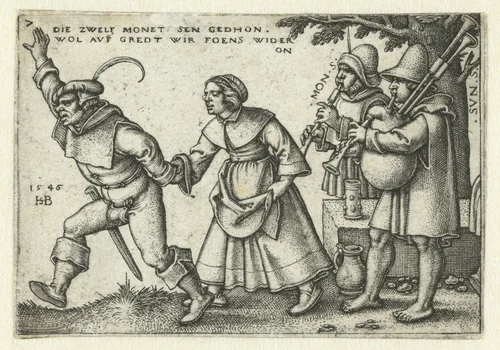 Muzikanten en dansend boerenpaar by Unknown, print, 1546
