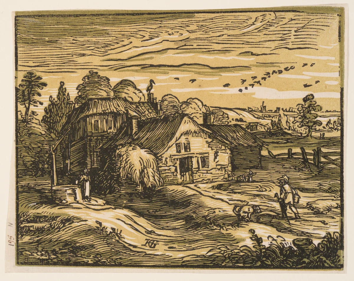 Landscape with a Farmhouse by Hendrick Goltzius, print, 1600