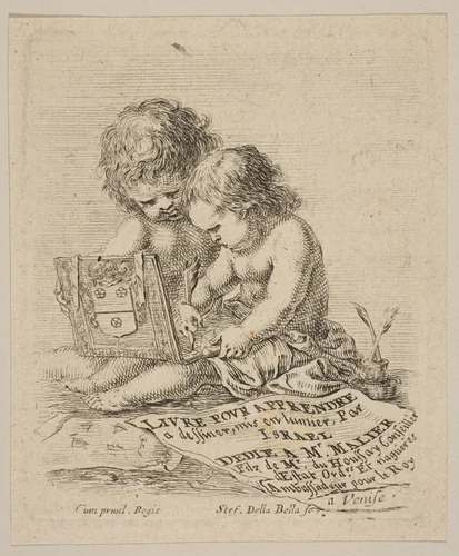 Plate 1: two children sitting on the ground, the child on the right drawing while the child on the left holding the album, the title page from 'The Book for Learning to Draw' (Livre pour apprendre à dessiner) by Stefano della Bella, print, 1644-1654
