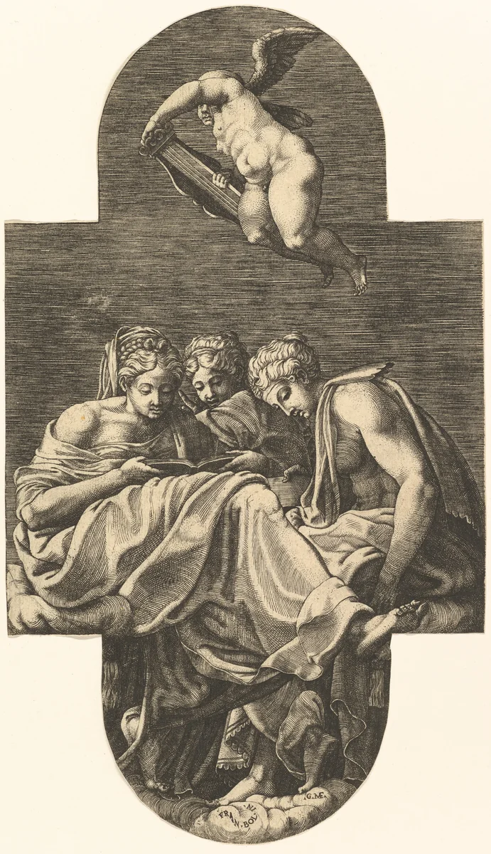 Three Muses and a putto above with a lyre, from a series of eight compositions after Francesco Primaticcio's designs for the ceiling of the Ulysses Gallery (destroyed 1738-39) at Fontainebleau by Giorgio Ghisi, print, 1560-1569