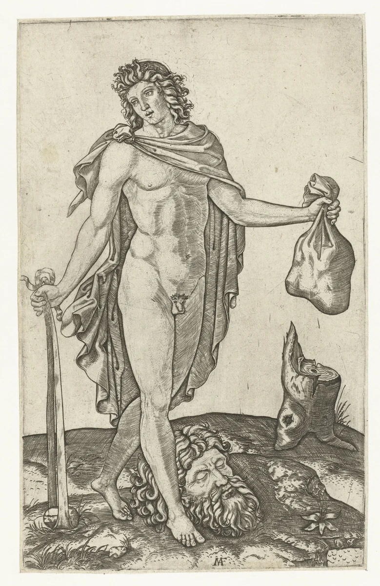 David met slinger en zak stenen en hoofd van Goliath by Unknown, print, 1504-1508