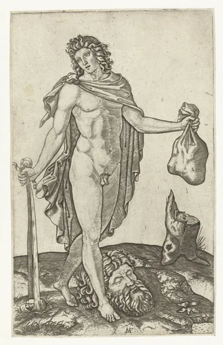 David met slinger en zak stenen en hoofd van Goliath by Unknown, print, 1504-1508
