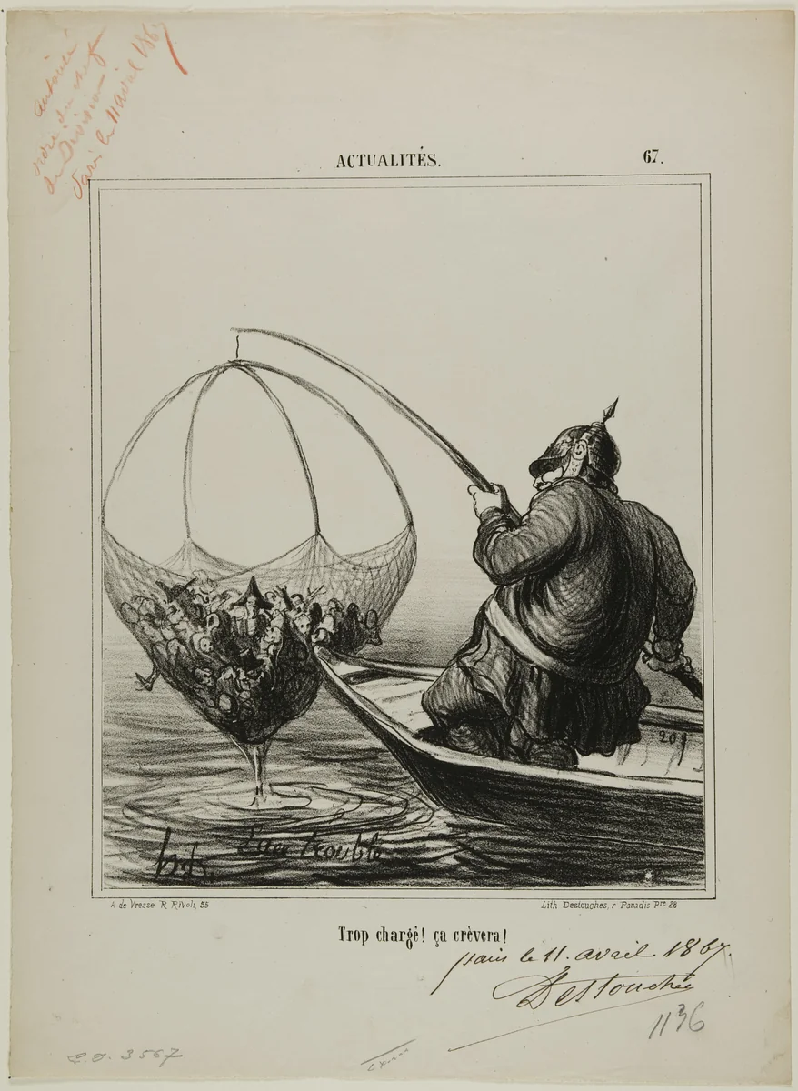 “Overloaded! It is going to burst!,” plate 67 from Actualités by Honoré-Victorin Daumier, print, 1867