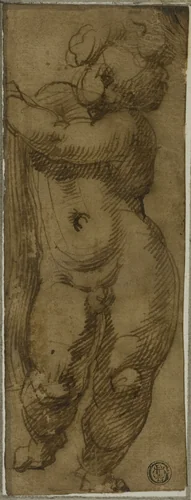 Standing Putto Seen from the Front: Study for the Virgin in Glory with Saints Petronius, Dominic, and Peter Martyr by Bartolomeo Passarotti, drawing, 1570-1575