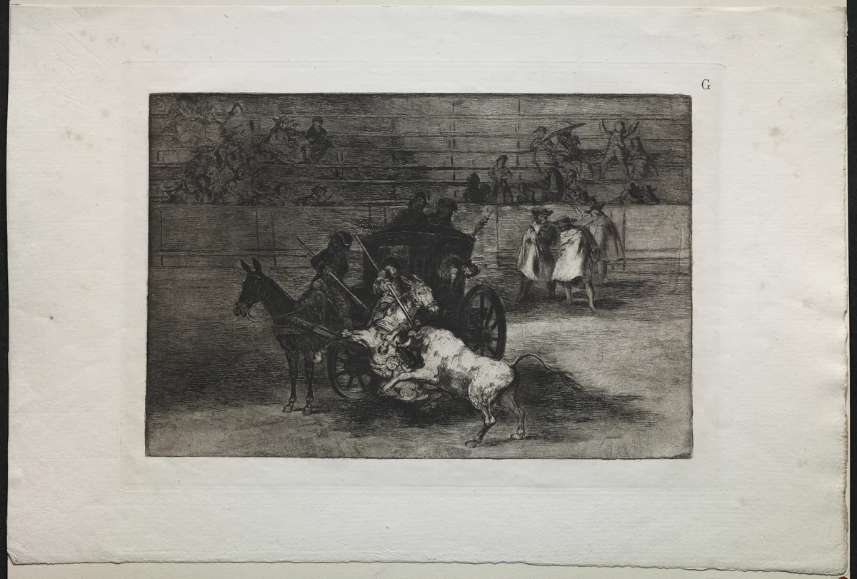 Bullfights: Fight in a Carriage Harnessed to Two Mules by Francisco de Goya, print, 1816-1876