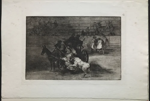 Bullfights: Fight in a Carriage Harnessed to Two Mules by Francisco de Goya, print, 1816-1876