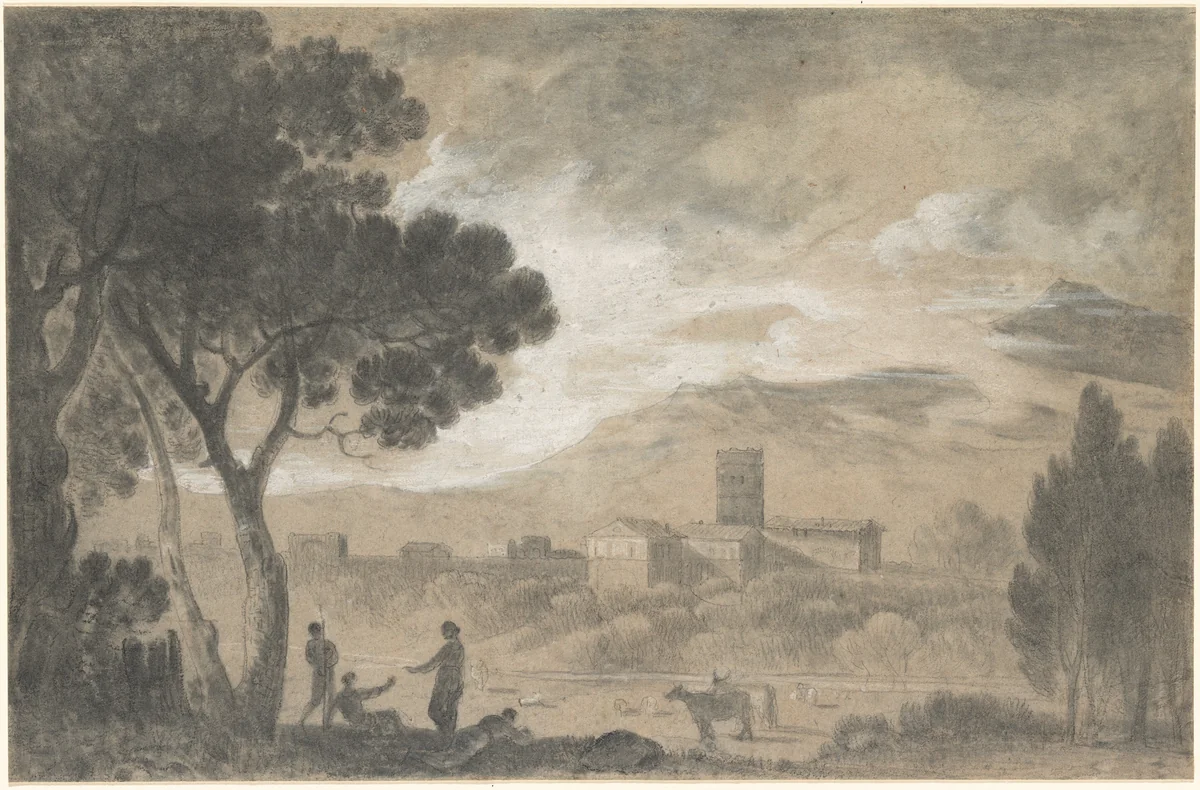 A View in Italy with Mountains in the Distance by Richard Wilson, drawing, 1750-1759