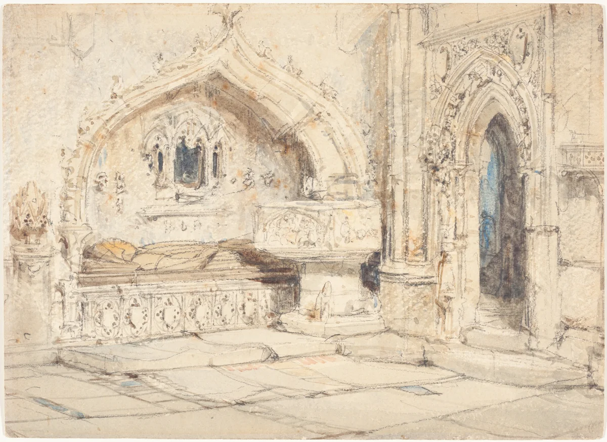 Interior of a Church with a Wall Tomb and Medieval Font by Louis Haghe, drawing, 1806-1885