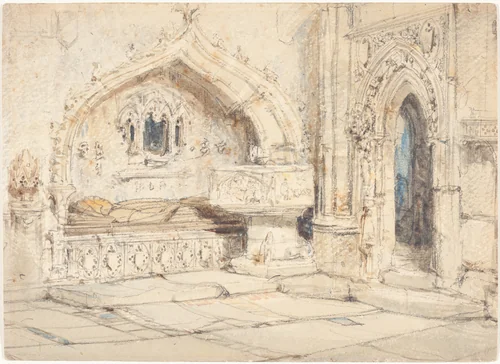 Interior of a Church with a Wall Tomb and Medieval Font by Louis Haghe, drawing, 1806-1885