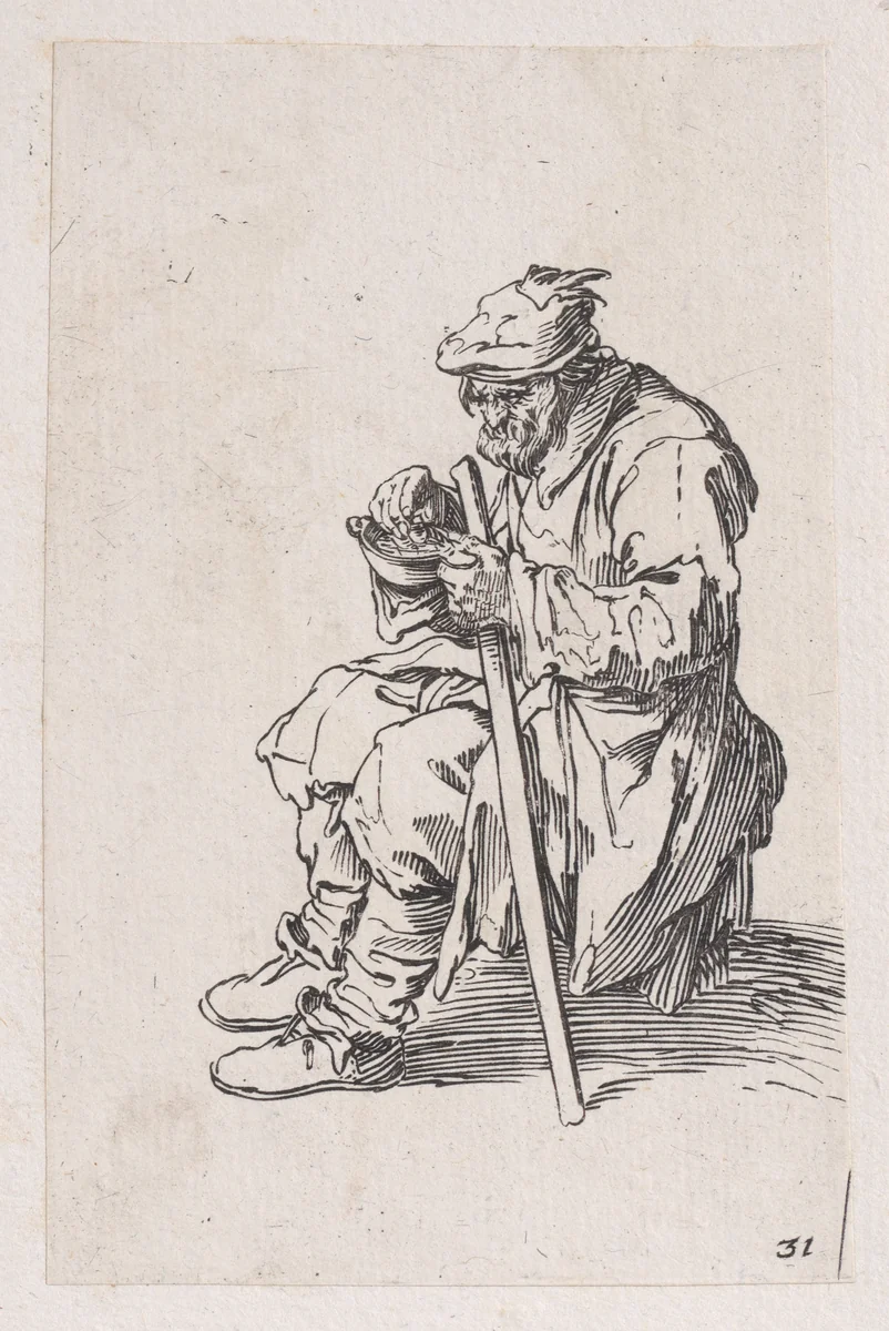 Reverse Copy of Le Gueux Assis et Mangeant (The Beggar Sitting and Eating), from Les Gueux suite appelée aussi Les Mendiants, Les Baroni, ou Les Barons (The Beggars, also called the Barons) by anonymous, print, 1625-1700
