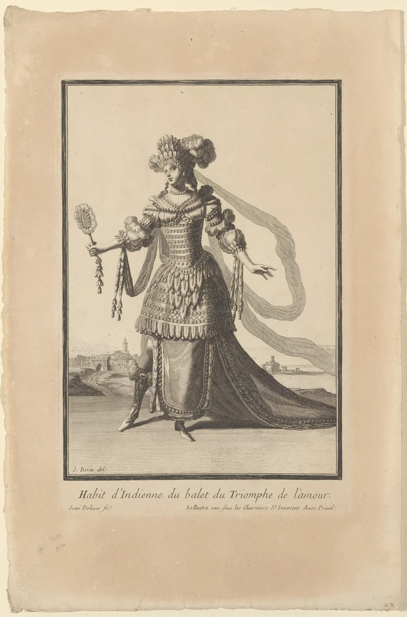 Costume of an Indian Woman from the Ballet "Triumph of Love" (Habit d'Indienne du balet du Triomphe de l'amour) by Juan Dolivar, print, 1681-1692