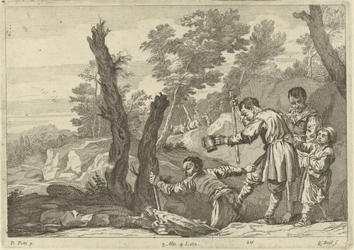 Groep blinden in een landschap by Quirin Boel, print, 1650-1660