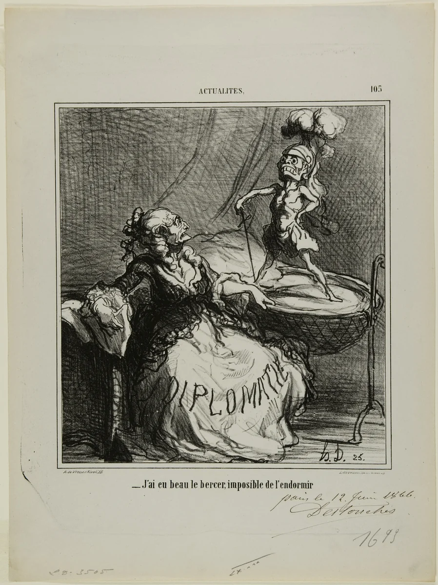 “- No matter how much I rock him, it is impossible to make him fall asleep,” plate 105 from Actualités by Honoré-Victorin Daumier, print, 1866