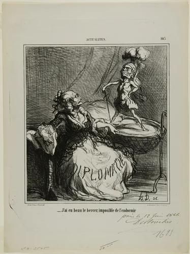 “- No matter how much I rock him, it is impossible to make him fall asleep,” plate 105 from Actualités by Honoré-Victorin Daumier, print, 1866