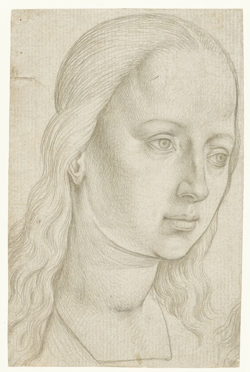 Hoofd van een vrouwelijke heilige of van Maria by Unknown, drawing, 1440-1478
