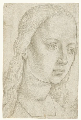 Hoofd van een vrouwelijke heilige of van Maria by Unknown, drawing, 1440-1478