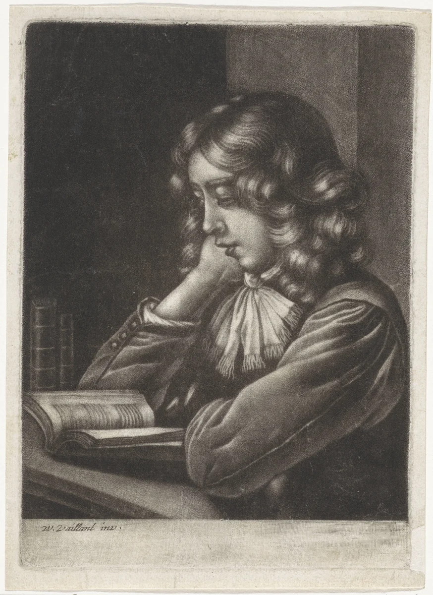 Lezende jongen by anonymous, print, 1658-1750