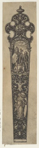 Design for a Knife Handle with a Memento Mori by Johann Theodor de Bry, print, 1580-1600