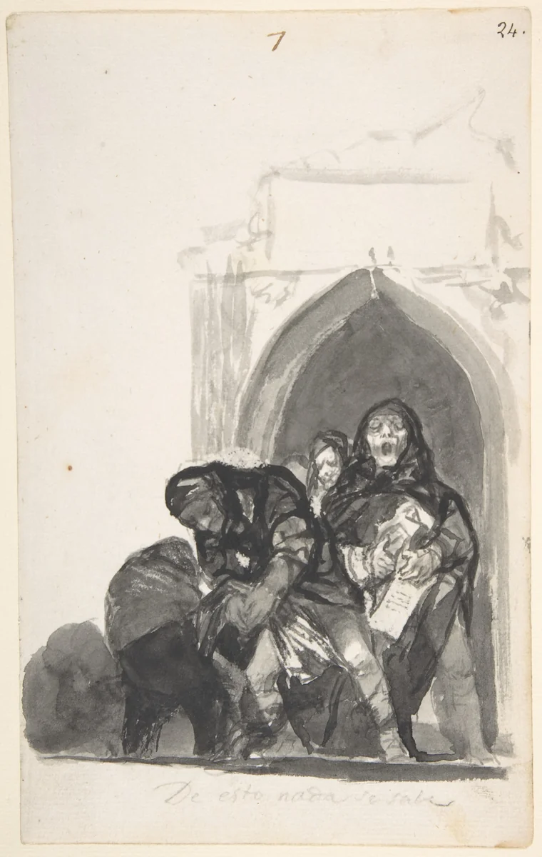 Nothing is Known of This; two figures picking up a body in front of a church, a monk singing next to them and another in the background; page 7 from the "Witches and Old Women" Album (D) by Goya, drawing, 1814
