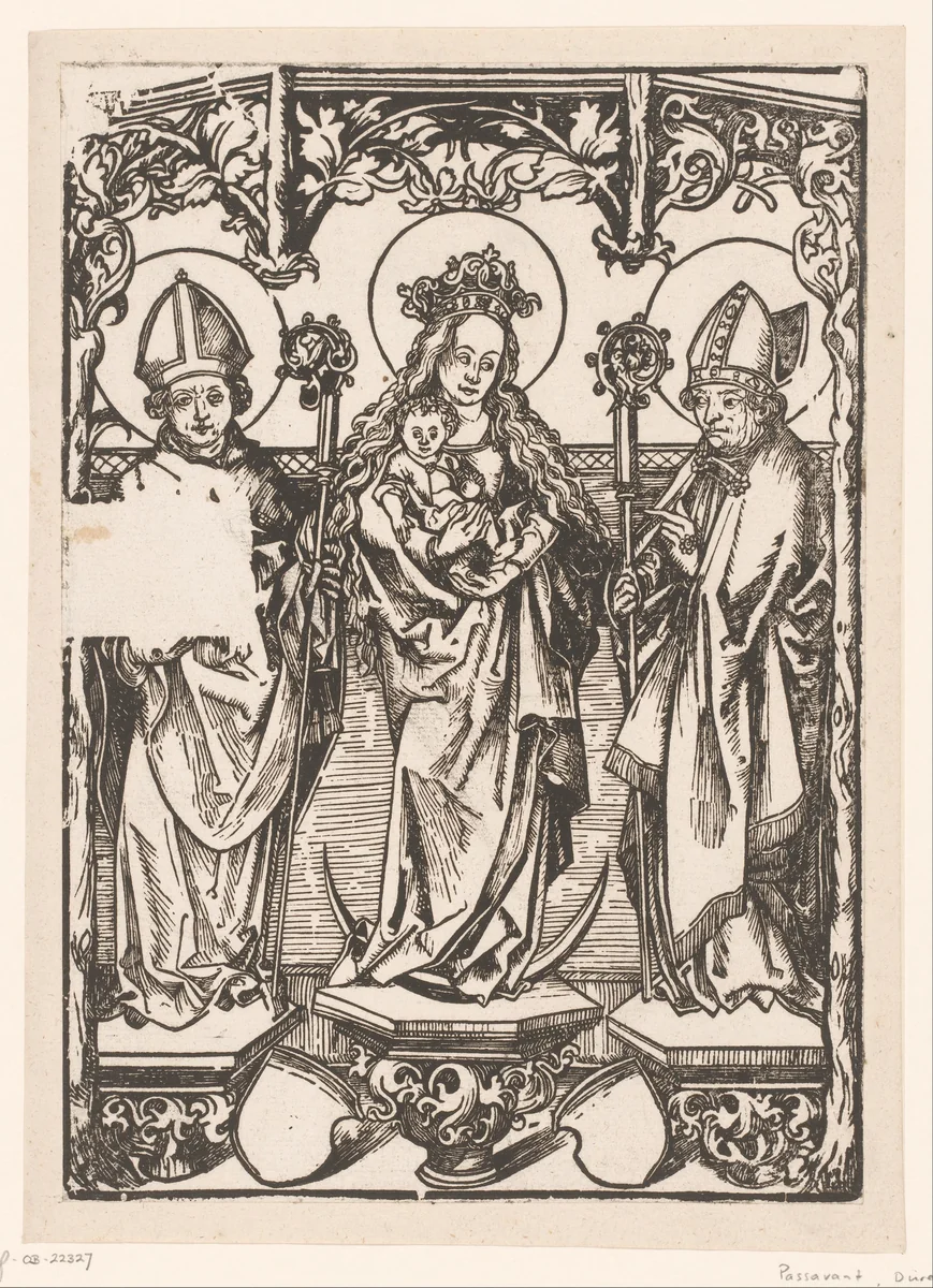 Maria met kind staande tussen twee heilige bisschoppen by anonymous, print, 1497