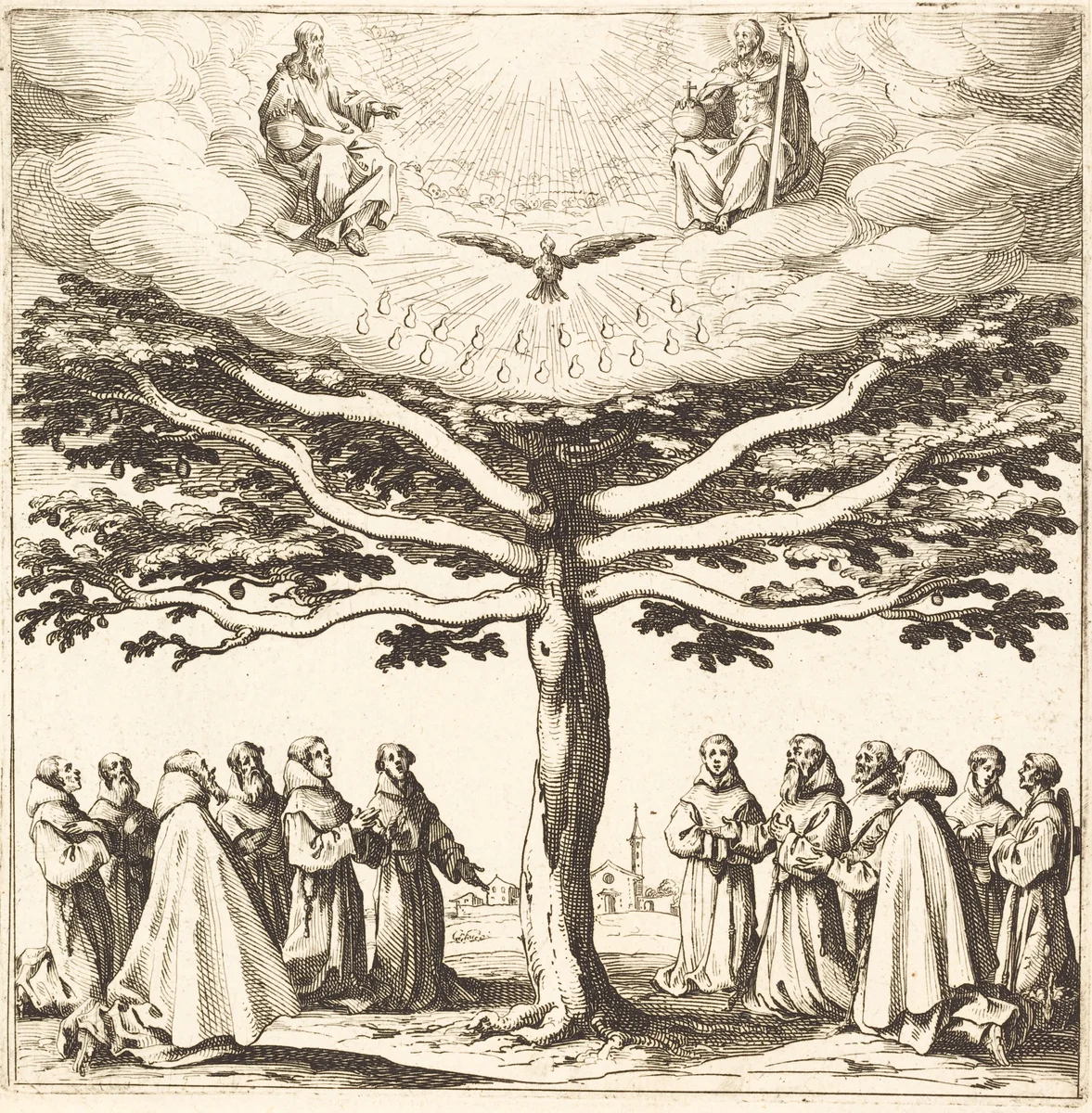 The Holy Trinity in the Tree of Life, Adored by Franciscans by Jacques Callot, print, 1621