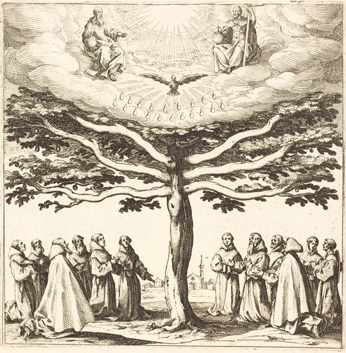 The Holy Trinity in the Tree of Life, Adored by Franciscans by Jacques Callot, print, 1621
