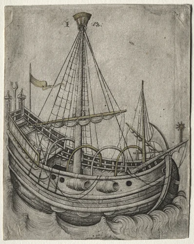 A Ship Moving Toward the Right by Israhel van Meckenem, print, 1470-1485