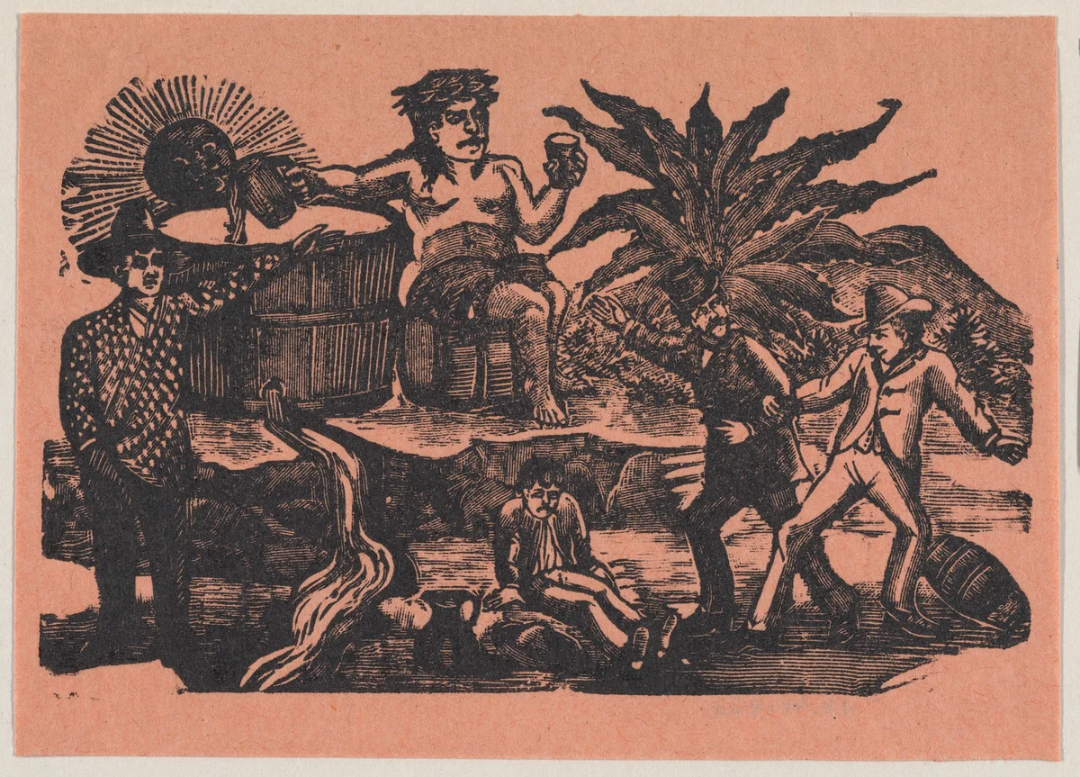 Bacchus and victims of alcholism drinking together by José Guadalupe Posada, print, 1890-1910