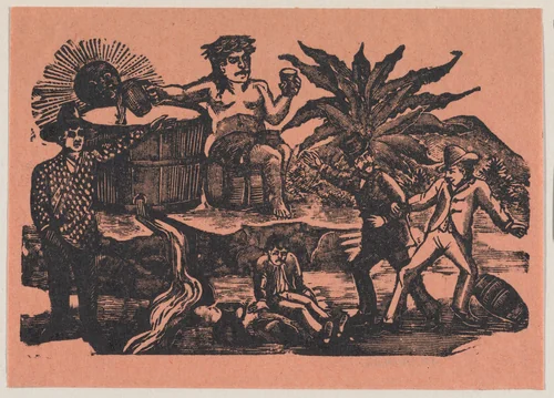 Bacchus and victims of alcholism drinking together by José Guadalupe Posada, print, 1890-1910