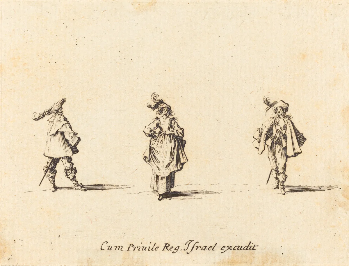 Lady with Plumes, and Two Gentlemen by Jacques Callot, print, 1628-1638
