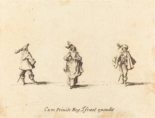 Lady with Plumes, and Two Gentlemen by Jacques Callot, print, 1628-1638