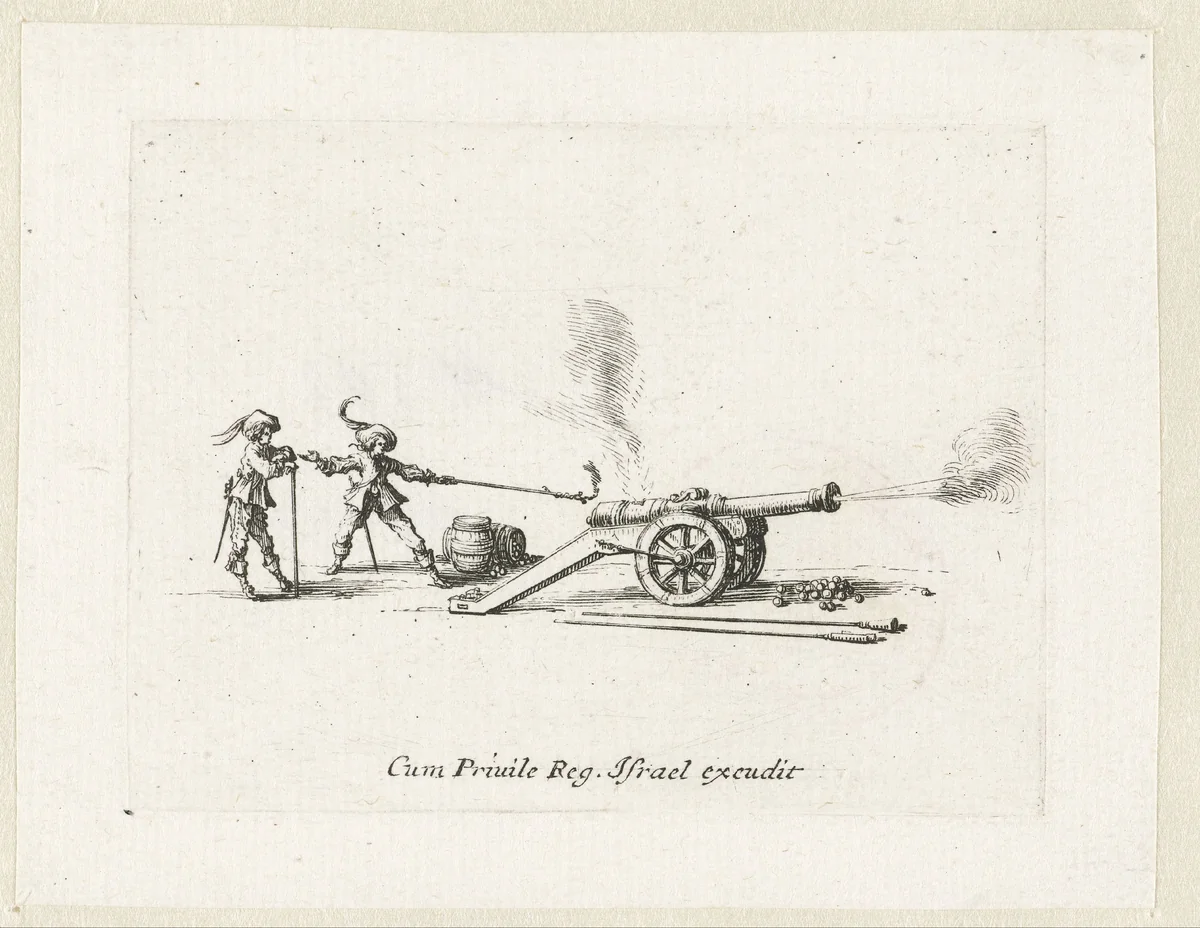 Exercities met een kanon: afvuren van een kanon by Jacques Callot, print, 1635