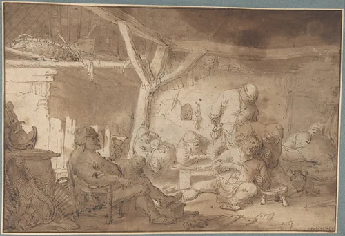 Interior with Peasants by Adriaen van Ostade, drawing, 1625-1685