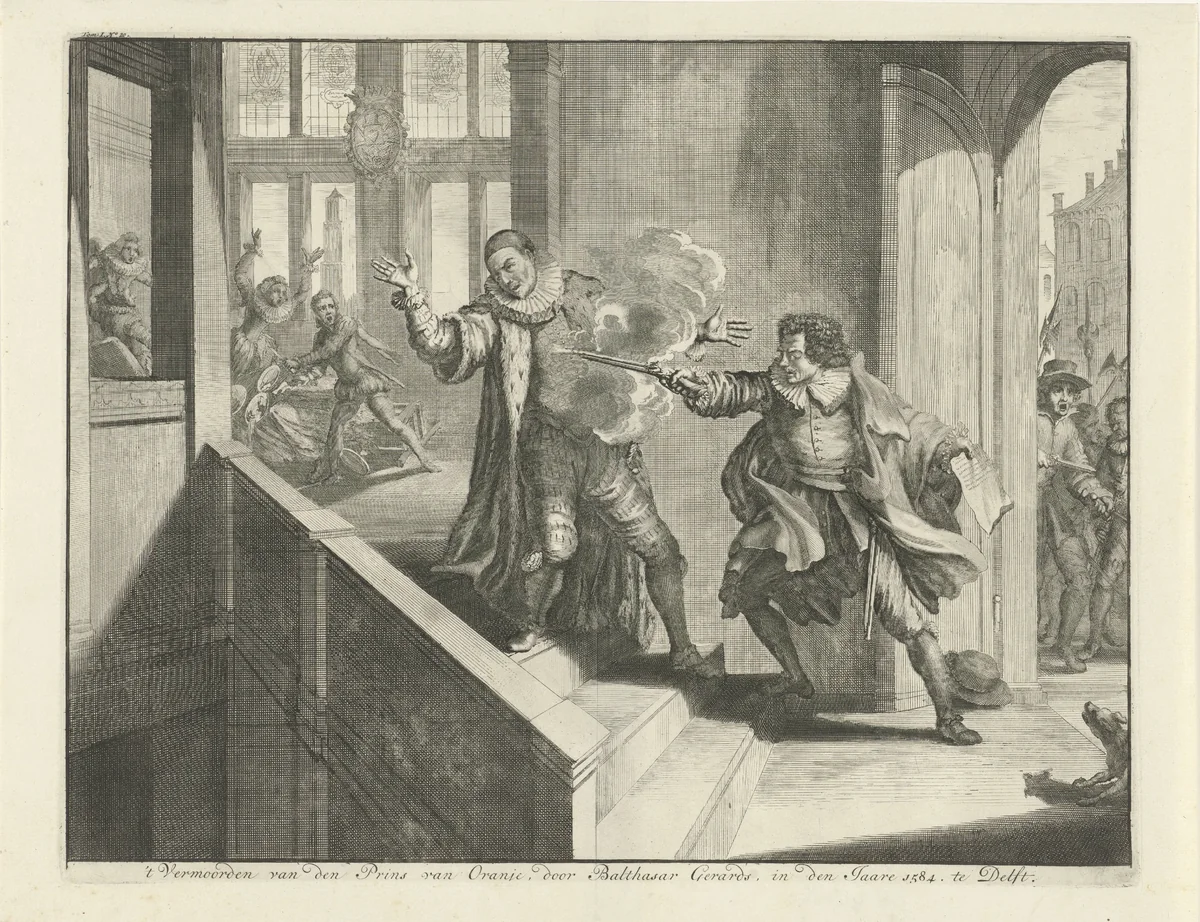 Moord op de prins van Oranje, 1584 by Jan Luyken, print, 1730-1738