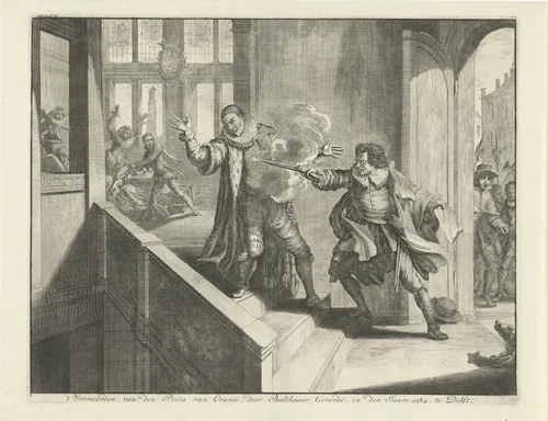 Moord op de prins van Oranje, 1584 by Jan Luyken, print, 1730-1738
