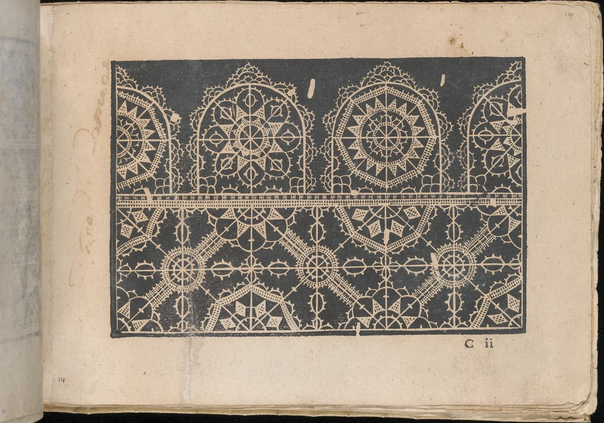 Fiori di Ricami Nuovamente Posti in Luce, page 14 (recto) by Matteo Florimi, book, 1591