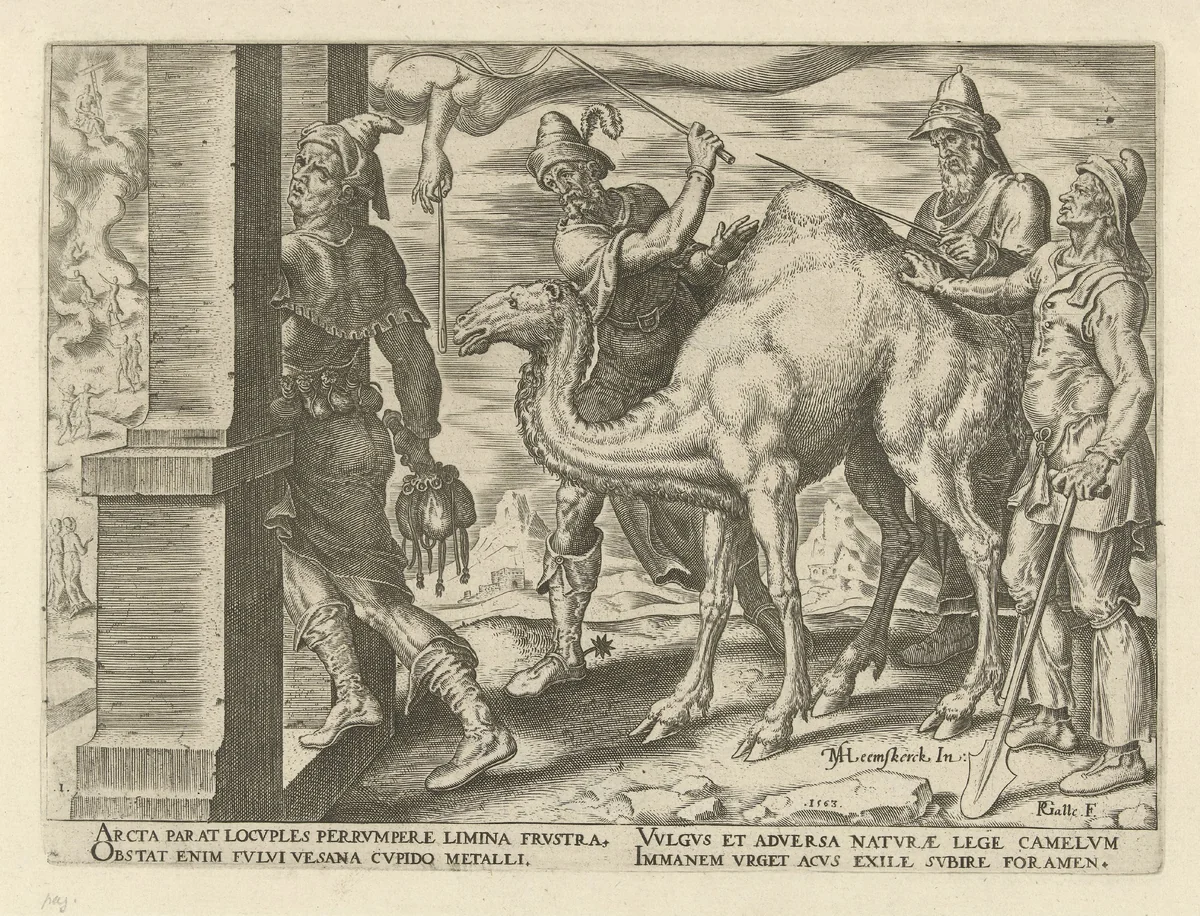Het is gemakkelijker voor een kameel om door het oog van een naald te gaan, dan voor een rijke om het koninkrijk van God binnen te gaan by Unknown, print, 1563