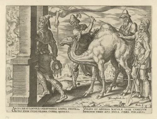 Het is gemakkelijker voor een kameel om door het oog van een naald te gaan, dan voor een rijke om het koninkrijk van God binnen te gaan by Unknown, print, 1563