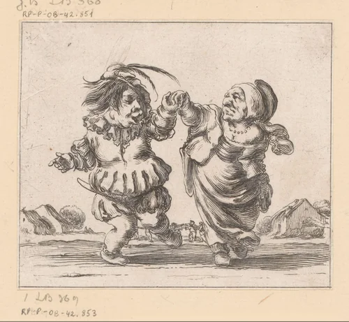 Karikatuur van een dansend koppel by François Collignon, print, 1620-1687