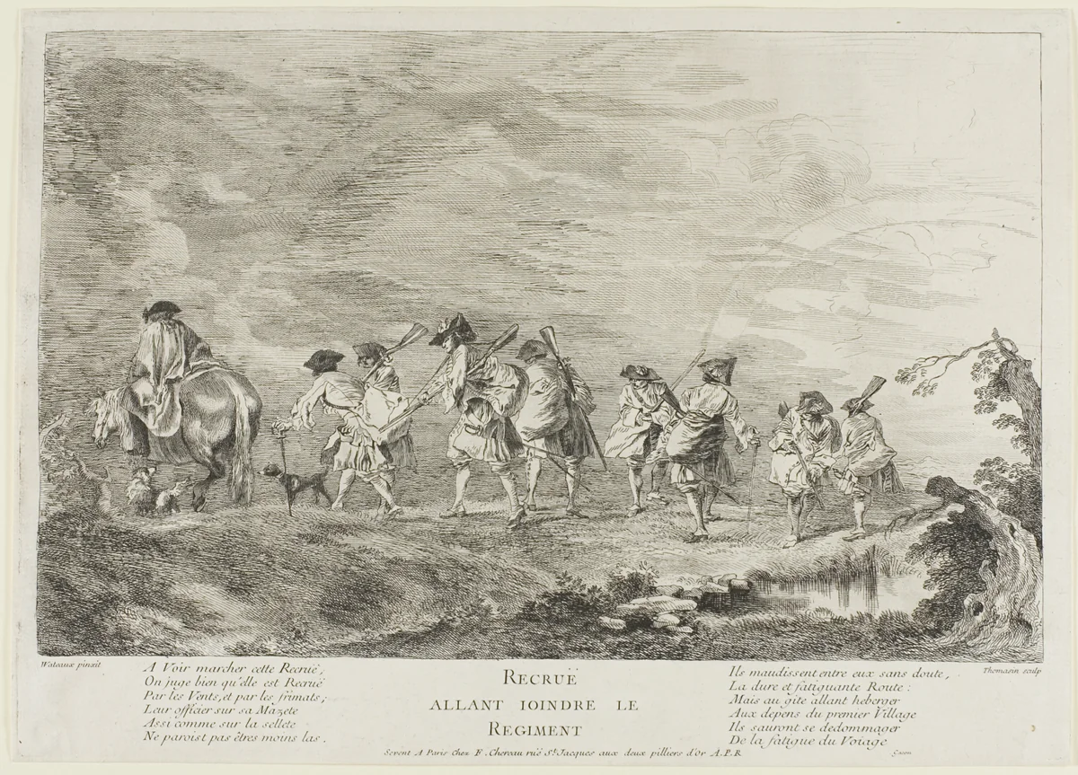 Recruits Going to Join the Regiment by Henri-Simon Thomassin, print, 1717-1726