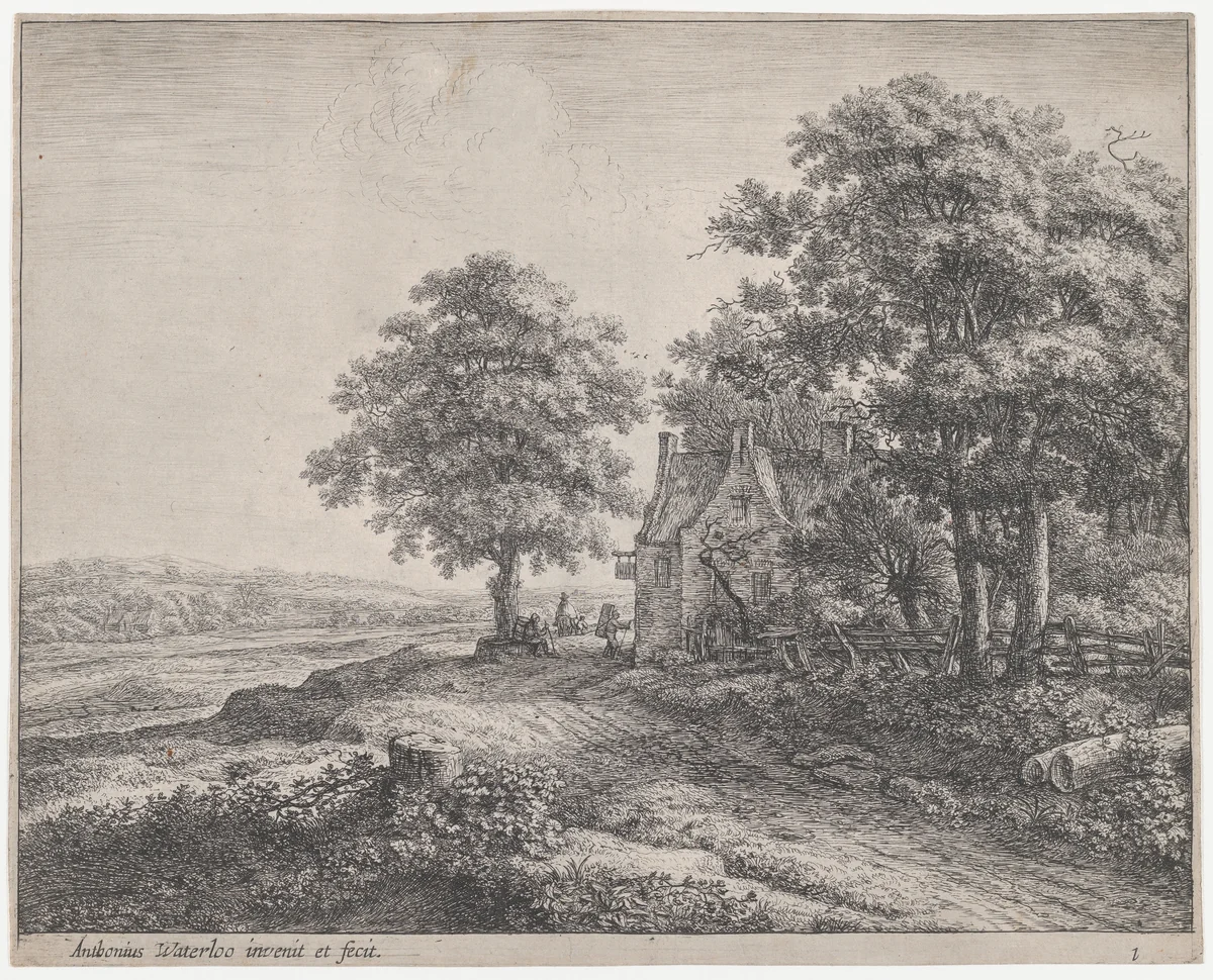 Large Linden Tree Before an Inn by Anthonie Waterloo, print, 1620-1690