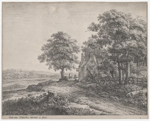 Large Linden Tree Before an Inn by Anthonie Waterloo, print, 1620-1690