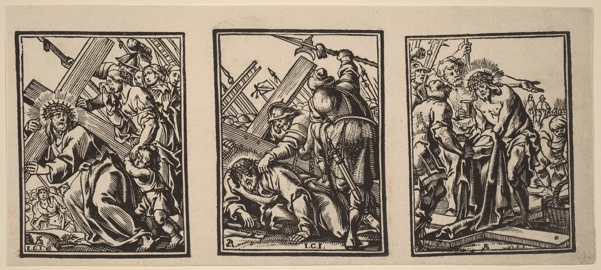 Three Scenes on the Road to Calvary by Christoffel Jegher; Anthonis Sallaert, print, 1596-1653