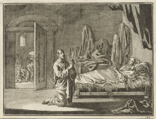 Opwekking van Dorkas (Tabita) by Jan Luyken, print, 1712